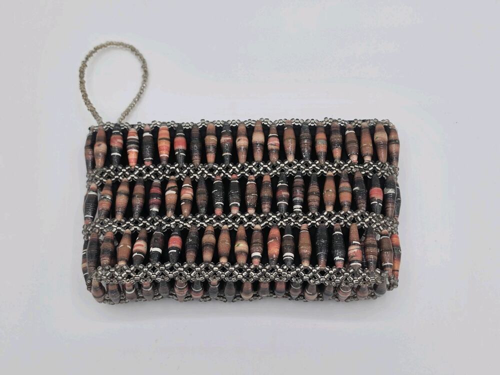 Handmade Paper Bead Clutch Wristlet Recycled Magazine Beaded Wristlet Boho Brown